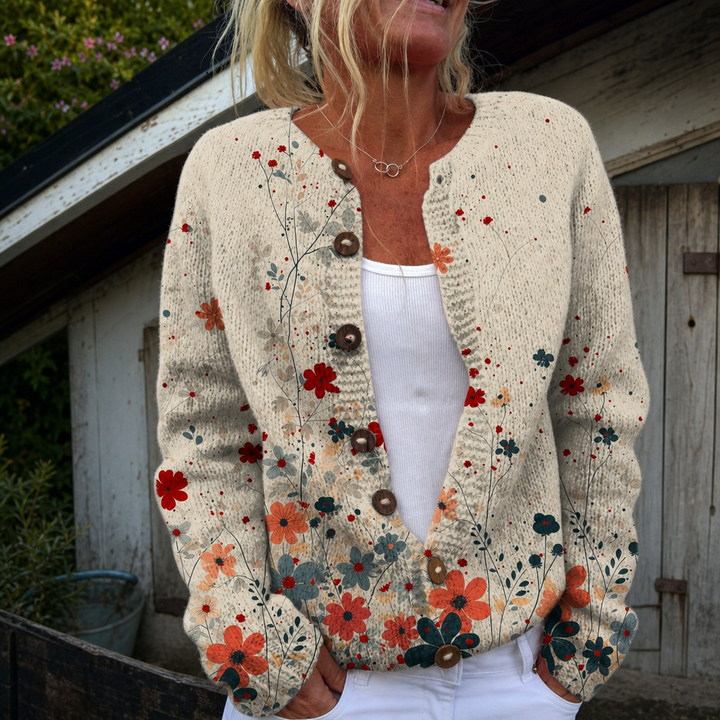 Manon | Cardigan boutonné à art floral vintage