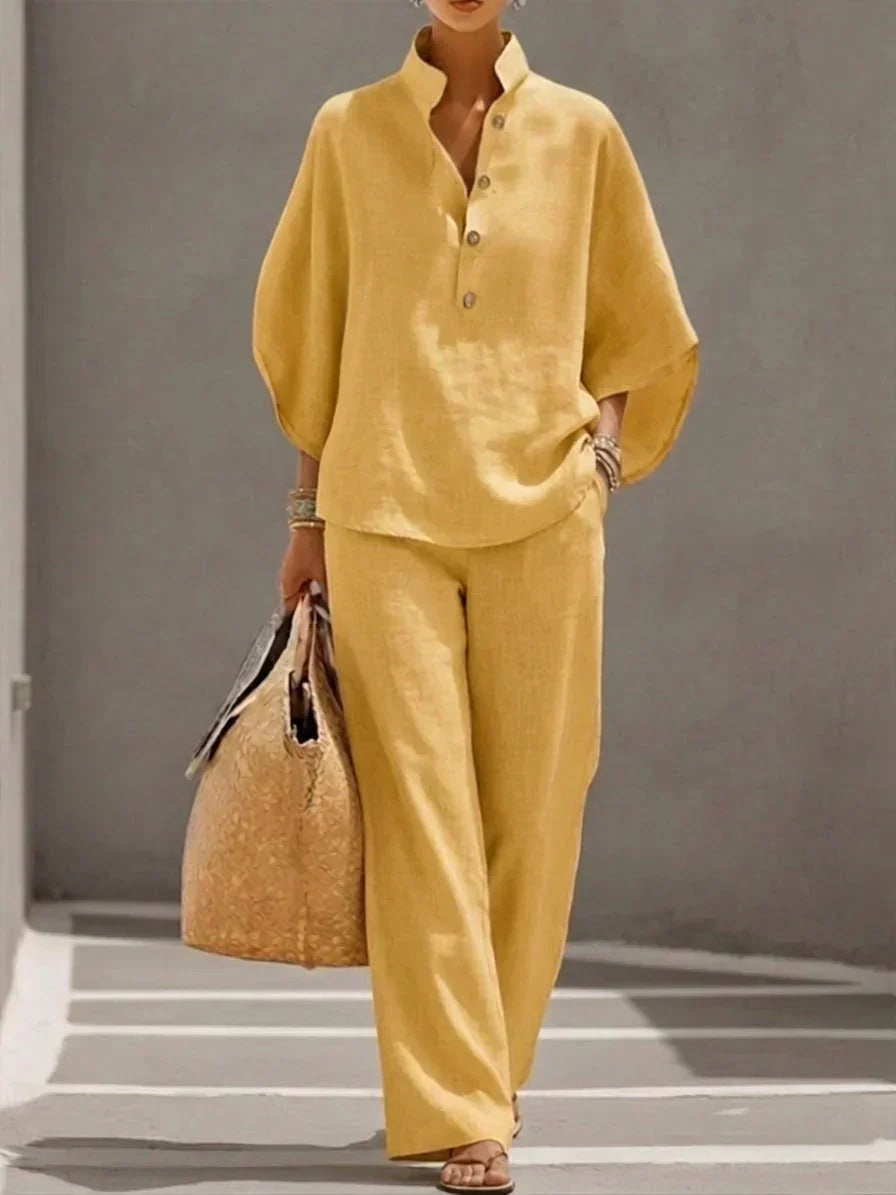 Maribel™ | Ensemble en lin à manches chauve-souris et pantalon ample