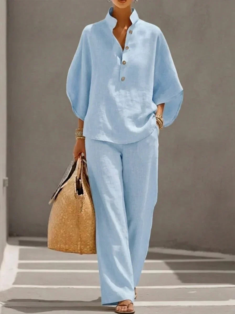 Maribel™ | Ensemble en lin à manches chauve-souris et pantalon ample