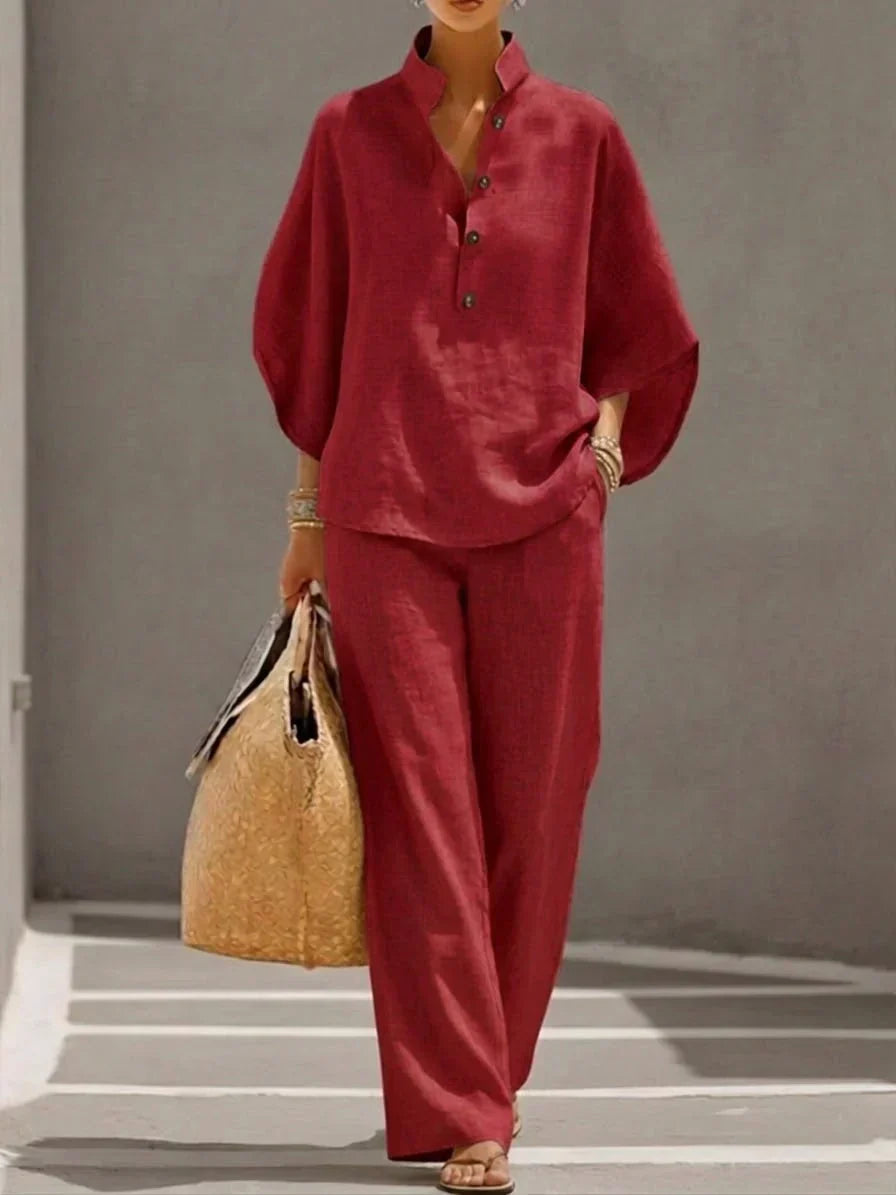 Maribel™ | Ensemble en lin à manches chauve-souris et pantalon ample